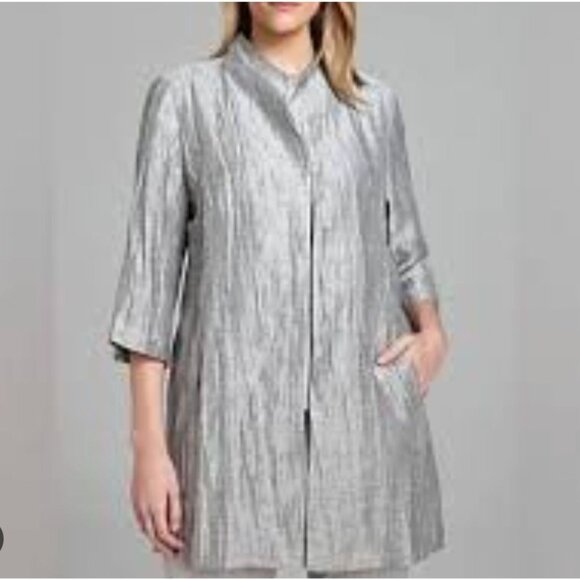 Eileen Fisher Womens Medium Petite Silver Crinkle Linen Blend Open Jacket - Picture 3 of 15